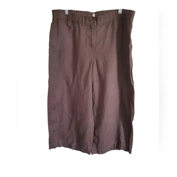 EILEEN FISHER 100% ORGANIC LINEN WIDE LEGG CROPPED WOMANS BROWN PANTS, SIZELARGE - Picture 1 of 6
